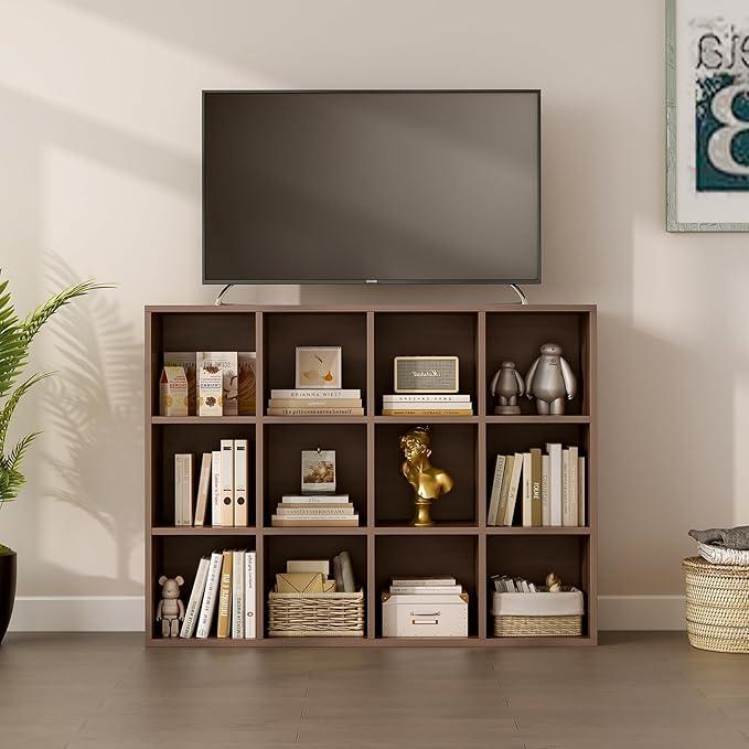 12-Cube Storage Shelf Bookcase - Wooden 3-Tier Floor Standing Open Bookshelf for Home and Office, Cuby Orgainzer, Walnut