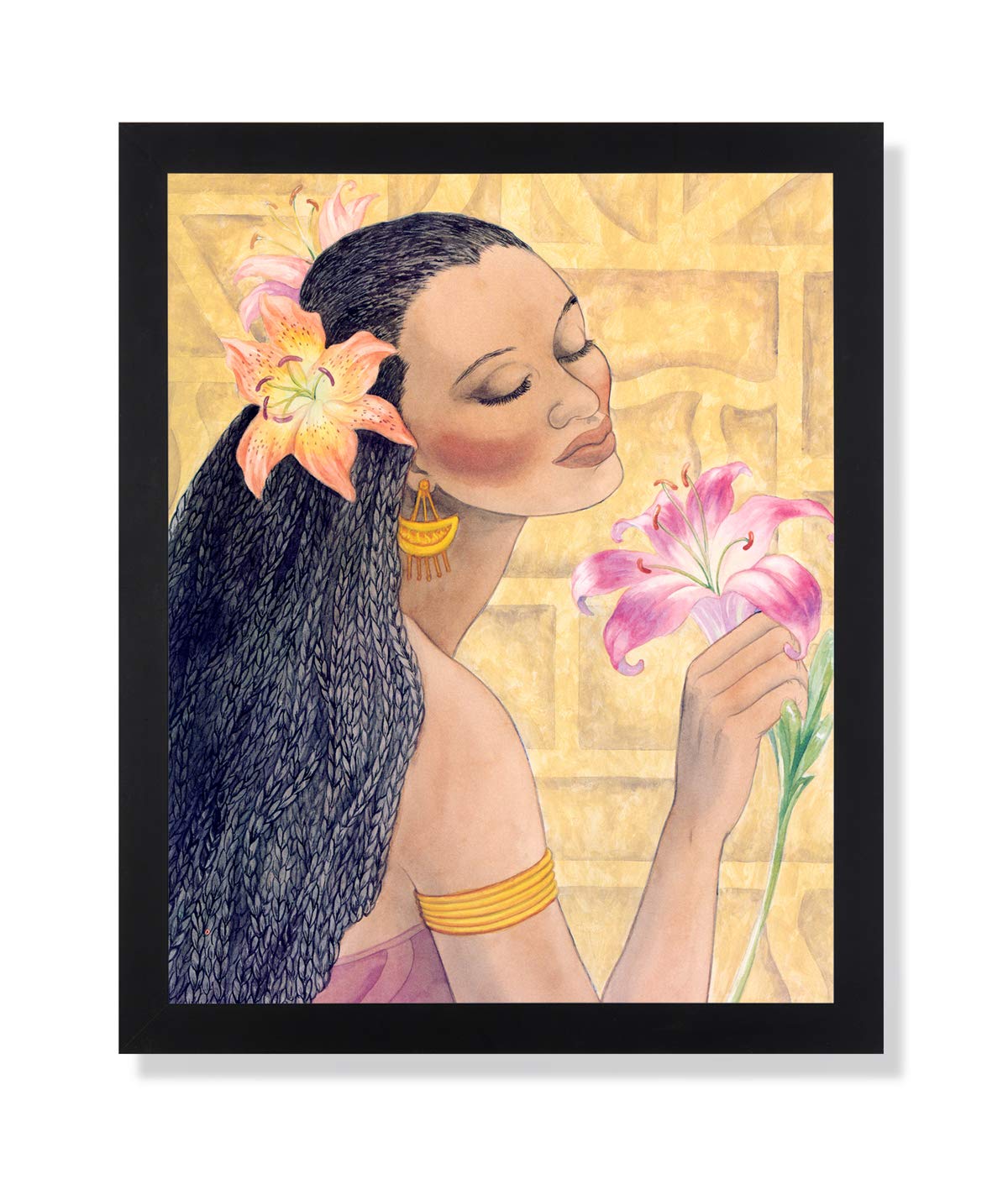 Framed Art Print - African American Black Flowers Girl in Wood Frame with Protective Glass