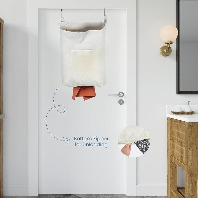 The Fine Living Co. Hanging Laundry Hamper with Over Door Hooks & Adhesive, Durable Space Saving Laundry Bag with Zipper and Wide Open Top, Hanging Dorm Laundry Hamper 18