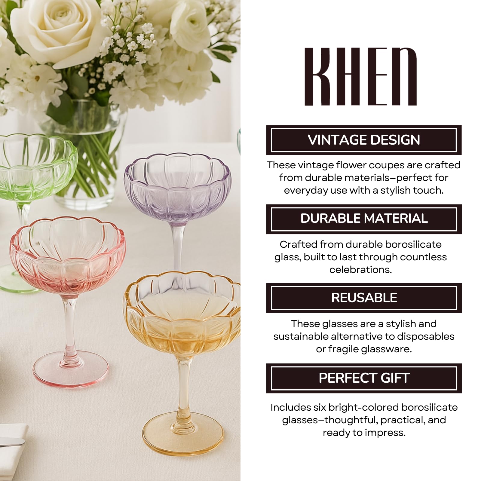 Flower Coupe Cocktail Glasses | Set of 6 | Bright Colors
