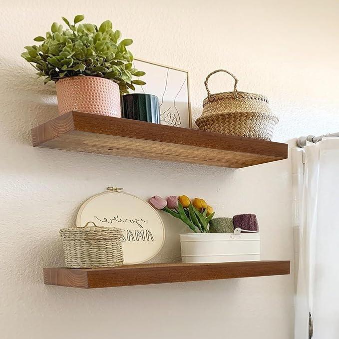 IAE Walnut Floating Wall Shelves 24 inch, Bathroom Shelves Wall Mounted,Invisible Shelves Floating Kitchen Shelves,Wooden Wall Shelves with Brackets for Living Room Wall Mounted,Easy Install,Set of 2