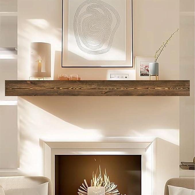72x8x3 Fireplace Mantel - Handcrafted Hollow Rustic Solid Wood Wall Mounted Floating Shelf with Invisible Heavy Duty Wood Bracket (Weathered Brown)