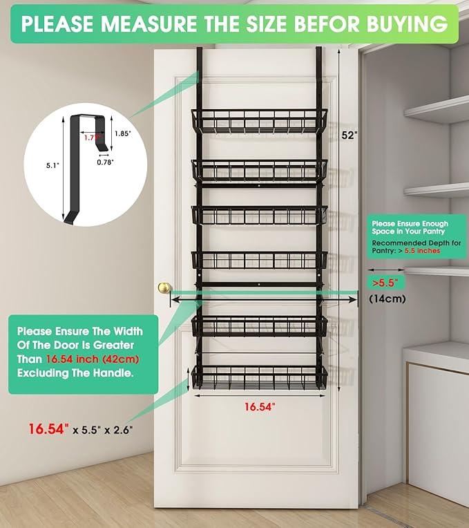Over The Door Pantry Organizer, Pantry Storage and Organization, 6-Tier Adjustable Hanging Baskets, Metal Wall Mount Spice Rack Seasoning Shelves for Home & Kitchen, Laundry Bathroom - Black