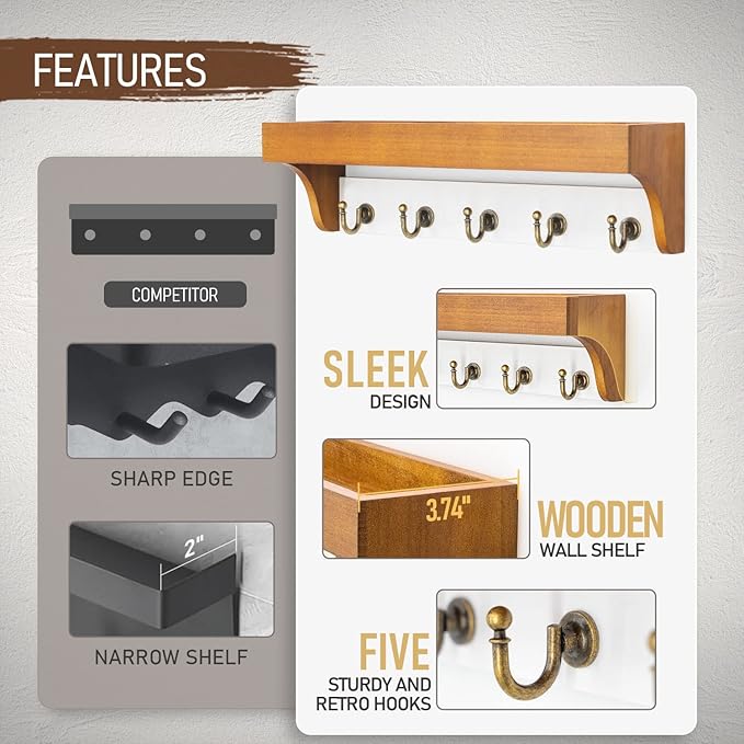 Rebee Vision Key and Mail Holder for Wall with Shelf - Farmhouse House Decor with 5 Rustic Keys Hooks and Decorative Mail Organizer Wall Mount - Decorative Apartment Essentials (Light Brown & White)