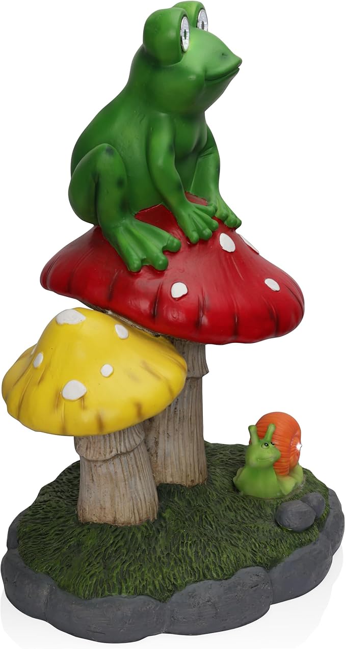 Alpine Corporation ZEN390SLR-L Frog on Mushroom Statue with LED Lights, Solar-Powered LED Frog Garden Statue, 24