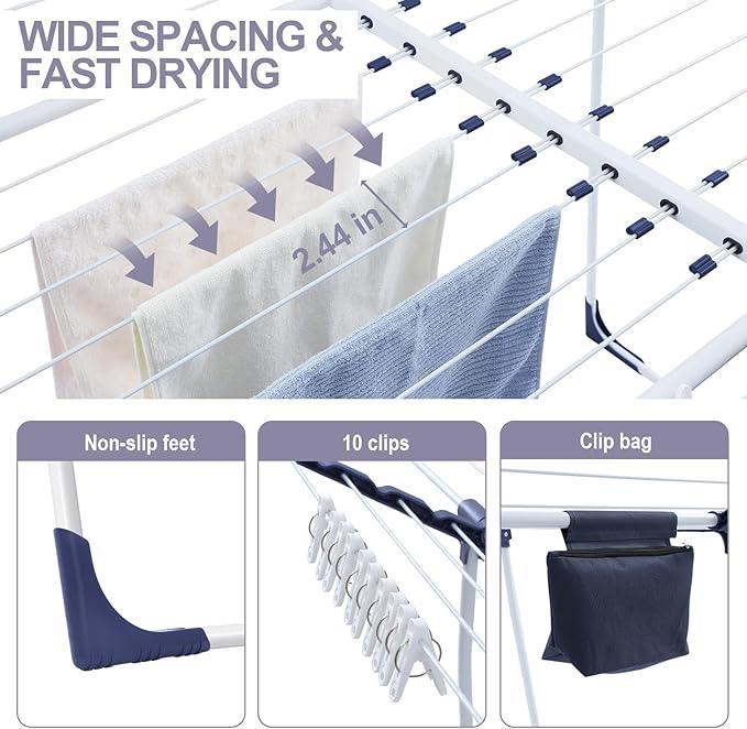 APEXCHASER Clothes Drying Rack, Foldable Gullwing Laundry Rack for Indoor Outdoor, 10pcs Clips with Bag, Collapsible Space-Saving Drying Rack for Clothes Towels Dolls, White