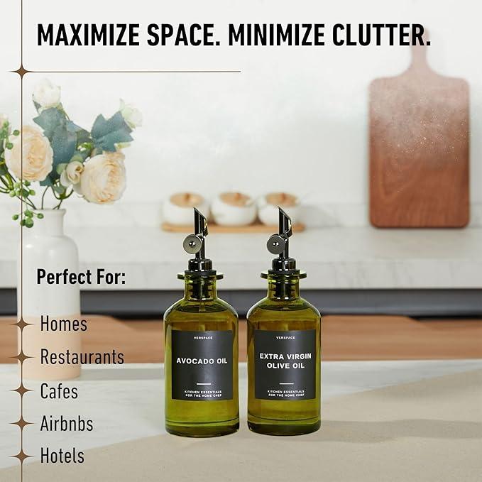 Green Glass Olive Oil Dispenser Bottle For Kitchen By Verpsace,Avocado Oil Dispenser Set, Modern Decor, Gold Kitchen Accessories for Home, Airbnb, Cafe (Black, Set of 2)