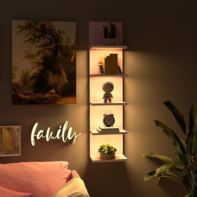 5 Tier Wall Shelf Unit,Modern Vertical Lack Wall Shelves with Light, Wall Mount, Floating Column Home Decor Shelves for Bedroom, Living Room, Vanity Storage Display(Pink)