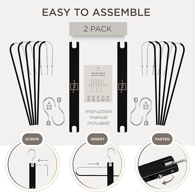 MORALVE Pants Hangers Space Saving - 2 Pack European Beechwood Scarf and Jean Hangers - Closet Organizer and Space Saver Pant Rack, Leggings Hanger, and Scarf Holder with 360° Swivel Hook