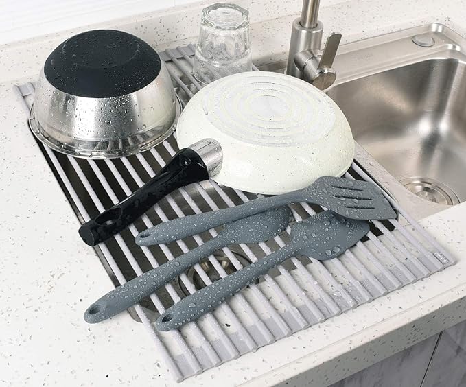 Surpahs Over Sink Foldable Multipurpose Roll-Up Dish Drying Rack, Silicone Wrapped Stainless Steel, Warm Gray, 17.5