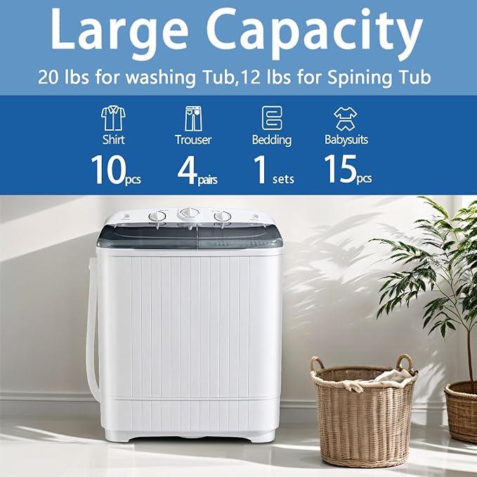 Portable Mini Twin Tub 32lbs Washing Machine With Drying Rack& 10 Hangers, 20lbs Washer & 12lbs Spinner, Small Laundry Washer with Time Control for Camping, Apartments, RV (32lbs)