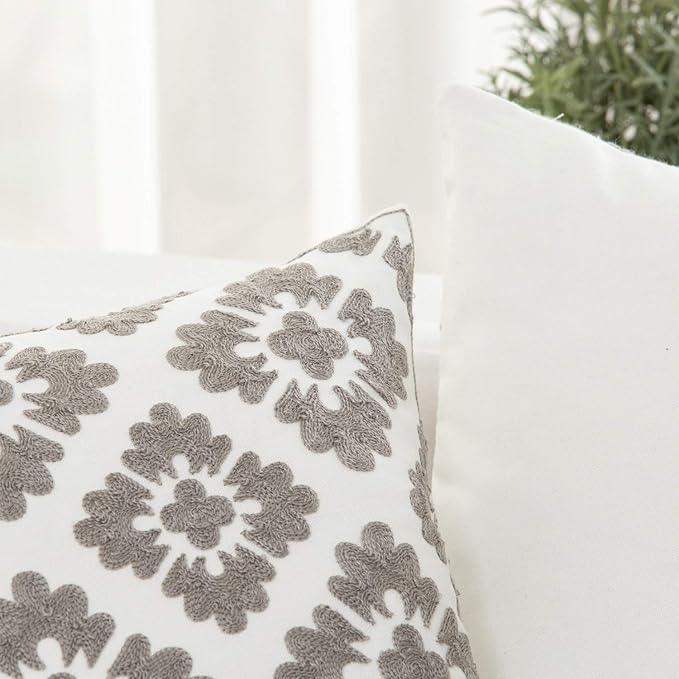 HWY 50 Grey Gray Decorative Throw Pillow Covers 18x18 Inch (1 Piece), Embroidered Cotton Farmhouse Cushion Cover Pillow Case for Sofa Couch Living Room Bed, Geometric Diamond Floral