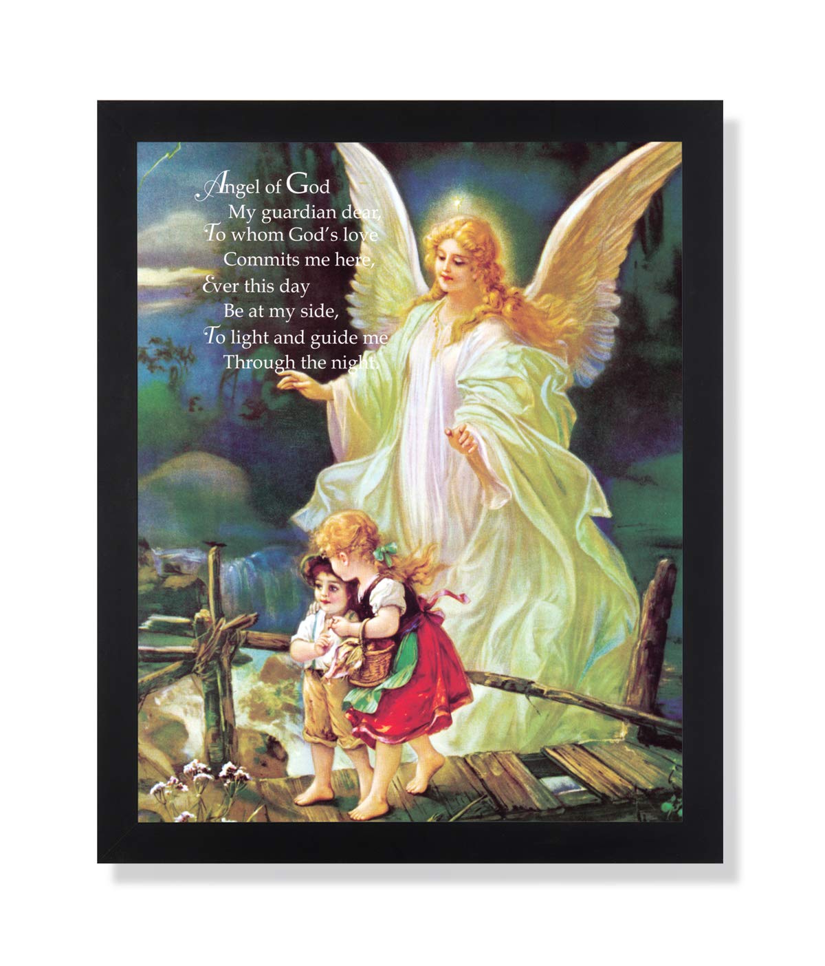 Guardian Angel Art Print – Framed Wall Art 16x20 with Black Wood Frame & Glass Protection