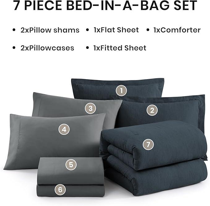 Monbix King Size Comforter Set, Navy Blue King Size Bed Set Reversible, King Comforter Set 7 Pieces, Cationic Dyeing Bed in a Bag with Comforter, Sheets, Pillowcases & Shams
