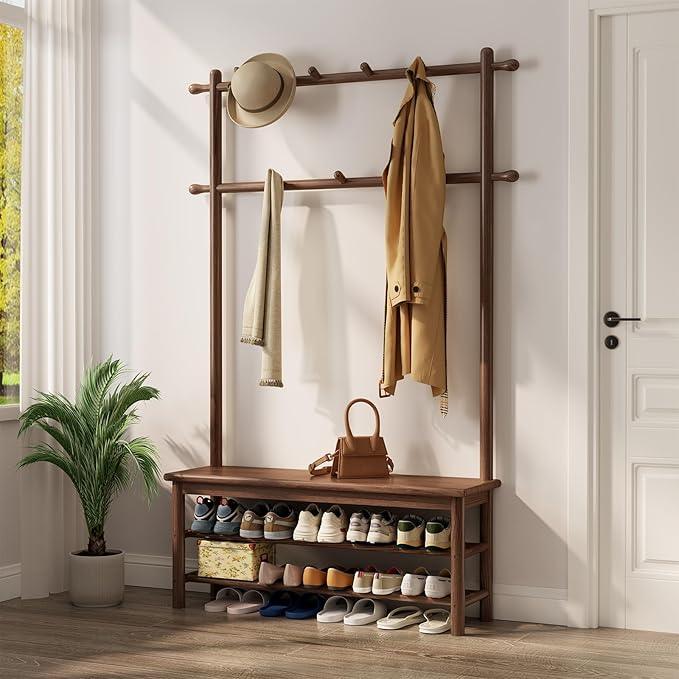 Coat Rack with Shoe Storage, Wooden Hall Tree with Bench, 11 Hooks and 2-Tier Storage Shelves, 3-in-1, Entryway Bench with Coat Rack (39.3