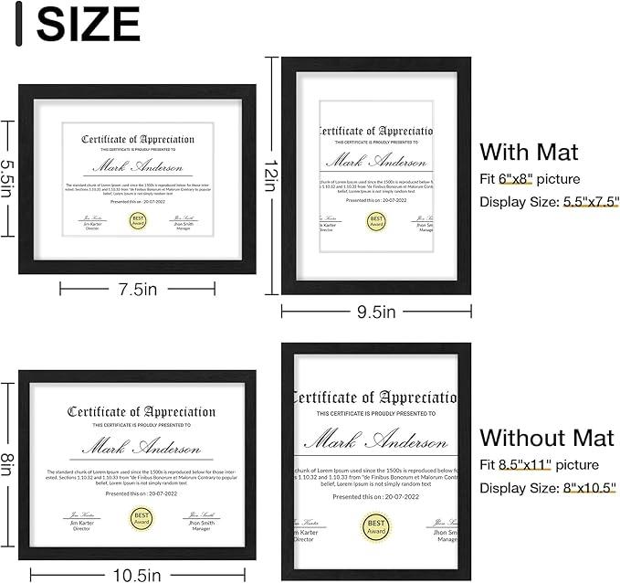 Vittanly 8.5x11 Picture Frames Set of 9, Shatter Resistant Plexiglass, Display 6x8 Pictures with Mat or 8.5x11 without Mat, Photo Frames for Wall or Tabletop, Engineered Wood, Black