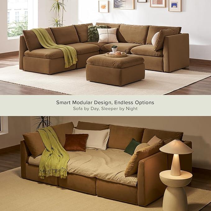 mopio Oversized Modular Sectional Sofa with Fully Removable Covers and Storage, Convertible U, L-Shaped and Sleeper Sectional, Modern Couches with Ottoman Chaise (Hazelnut Velvet, 6 Seats, Sleeper)