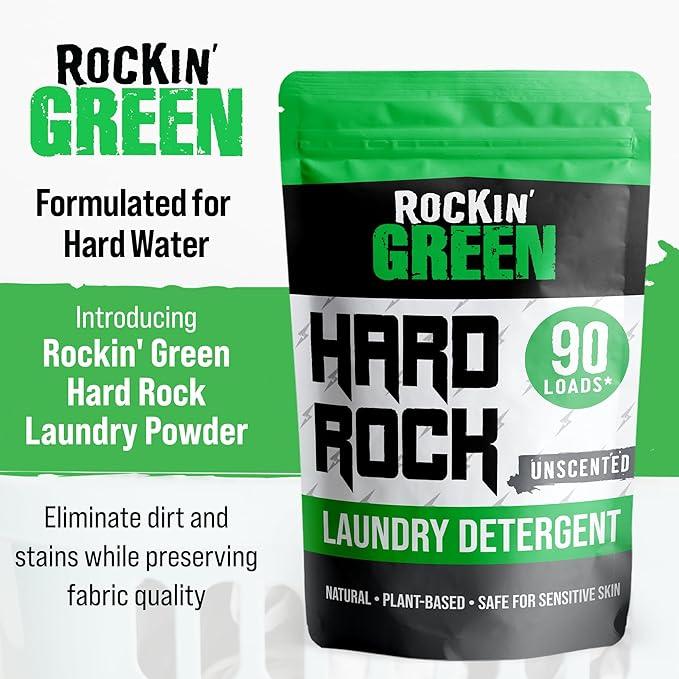 Rockin' Green Hard Rock Laundry Detergent for Hard Water (90 Loads), Plant based, Natural Laundry Detergent Powder, Biodegradable Odor Fighter, Safe for Sensitive Skin, 45 oz (Unscented)
