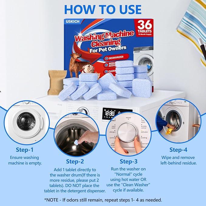 36Pack Washing Machine Cleaner Tablets-18 Month Supply,Washer Machine Cleaner Formulated For Pet Owners,Easy Pet Hair Remover for Laundry,Compatible with HE, Top & Front Load Washer.Septic Safe