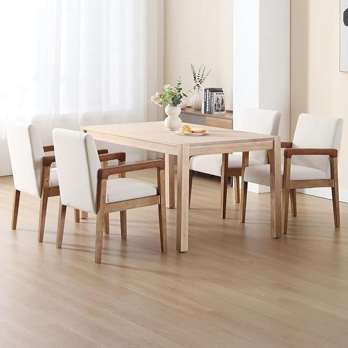 Mid Century Modern Dining Chairs Set of 6 Linen Fabric Upholstered Living Room Side Chair, Kitchen Arm Chair with Solid Wood Legs for Home Kitchen & Restaurant, Linen White