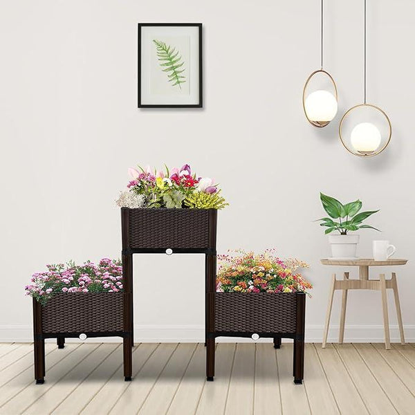 MAYOLIAH Raised Garden Bed with Drainage Elevated Planter Box Plastic Raised Beds for Gardening Vegetables Herb Flowers, Perfect for Indoor Outdoor Planting, 3 Boxes Brown