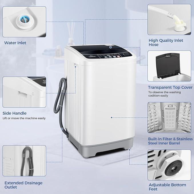 17.8Lbs Portable Washing Machine Nictemaw Portable Washer, 2.3 Cu.ft Washer and Dryer Combo with Drain Pump, 10 Programs 8 Water Level Compact Laundry Washer for Home, Apartment, RV, Dorms