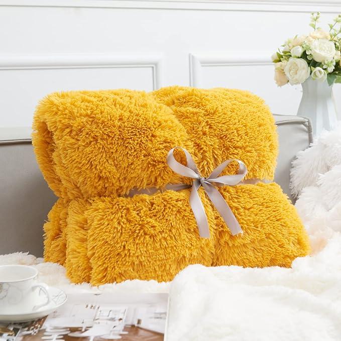 GONAAP Fuzzy Faux Fur Throw Blanket Twin Size Mustard Yellow Super Soft Cozy Plush Fuzzy Shaggy Blanket for Couch Sofa Bed (Mustard Yellow, Twin(60