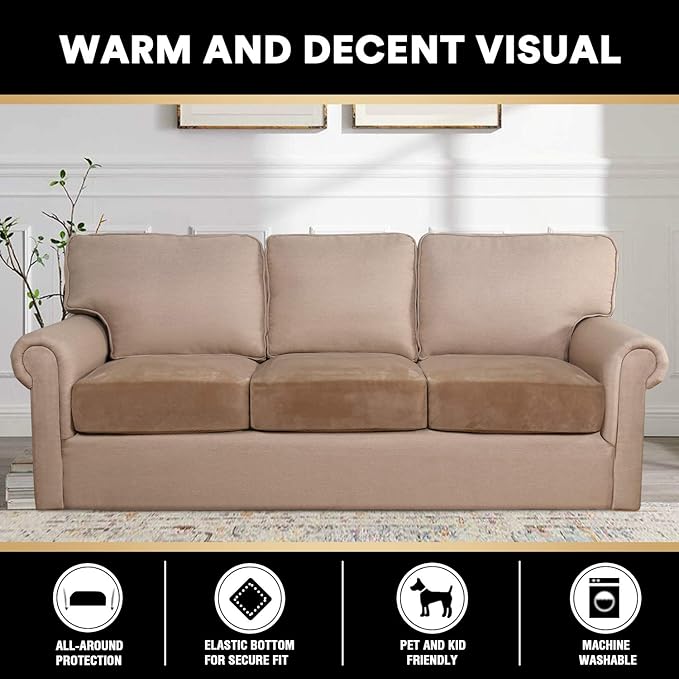 PrinceDeco Super Soft Couch Cushion Covers for Sectional Couch, Velvet Sofa Slipcover for Cushion Sofa pet Friendly with Elastic Bottom(Each Width Up to 29.5
