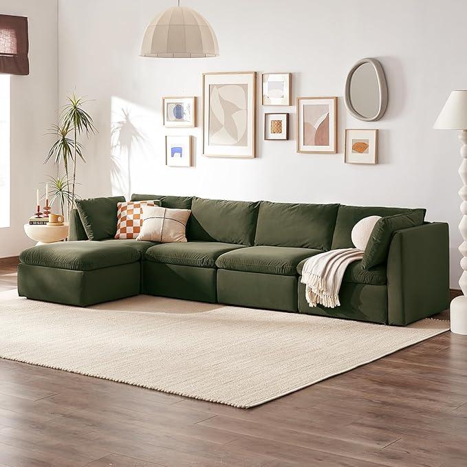 mopio Oversized Modular Sectional Sofa with Fully Removable Covers and Storage, Convertible U, L-Shaped and Sleeper Sectional, Modern Couches with Ottoman Chaise (Olive Green Velvet, 5 Seats, L)