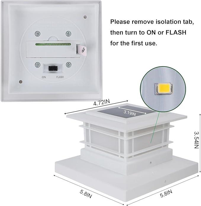 Dynaming 4 Pack Solar Flame Post Lights Outdoor, Solar Powered Fence Post White Shell Cap Light, High Brightness Flickering Flame LED Lighting for Garden Deck Patio, Fit 4x4 5x5 6x6 Vinyl/Wooden Posts