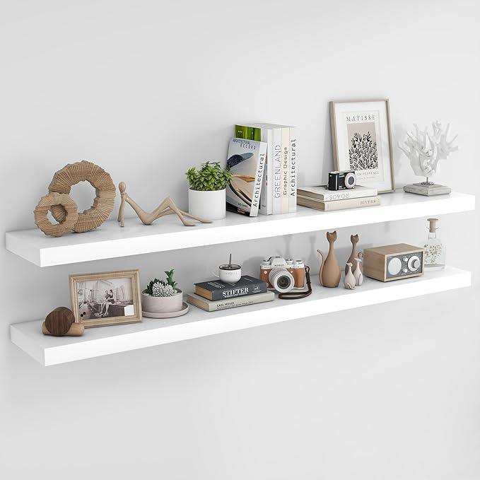 RICHFOCUS 72Inch Floating Shelves for Wall 2 Pack Shelves for Bedroom|Kitchen|Bathroom Wall Mounted Rustic Wood Floating Shelf with Invisible Brackets for Books|Storage|Decor, White