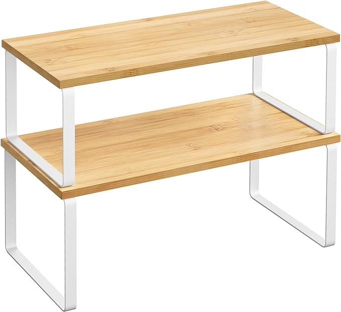SONGMICS Cabinet Organizer Shelf, Set of 2 Kitchen Counter Shelves, Kitchen Storage, Spice Rack, Stackable, Expandable, Metal and Engineered Wood, Cloud White and Natural Beige UKCS200W01