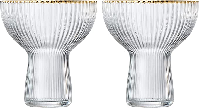 Ribbed Stemless Margarita, Martini & Champagne Glasses with Gold Rim - Set of 2 - Hand Blown Cocktail Luxury Coupe – Large Party, Elegant Ripple Design, Gilded, Premium Hand Blown Glassware (10 OZ)