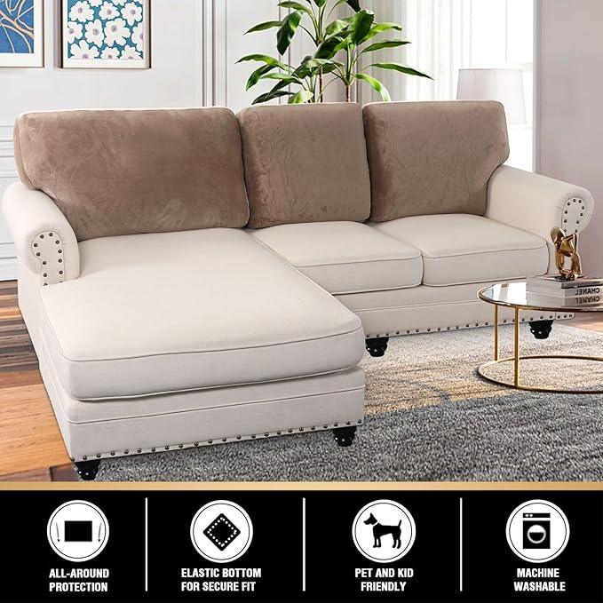 PrinceDeco Sectional Couch Covers Velvet Cushion Covers for Sectional Couch Cushion Covers for Sectional Sofa Separate Sectional Sofa Slipcovers Washable(1 Chaise Back+ 2 Sofa Back,Taupe)