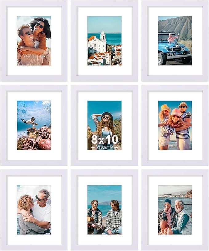 Vittanly 8x10 Picture Frames Set of 9, Shatter Resistant Plexiglass, Display 5x7 Pictures with Mat or 8x10 without Mat, Photo Frames for Wall or Tabletop, Engineered Wood, White