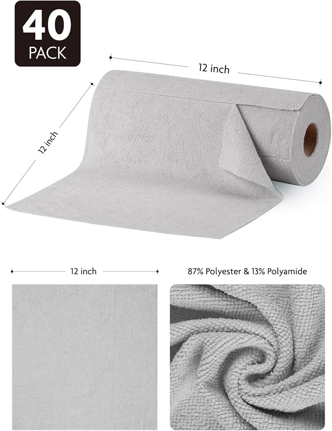 Fantasticlean Microfiber Cleaning Cloth Roll -40 Pack, Tear Away Microfiber Towels, 12