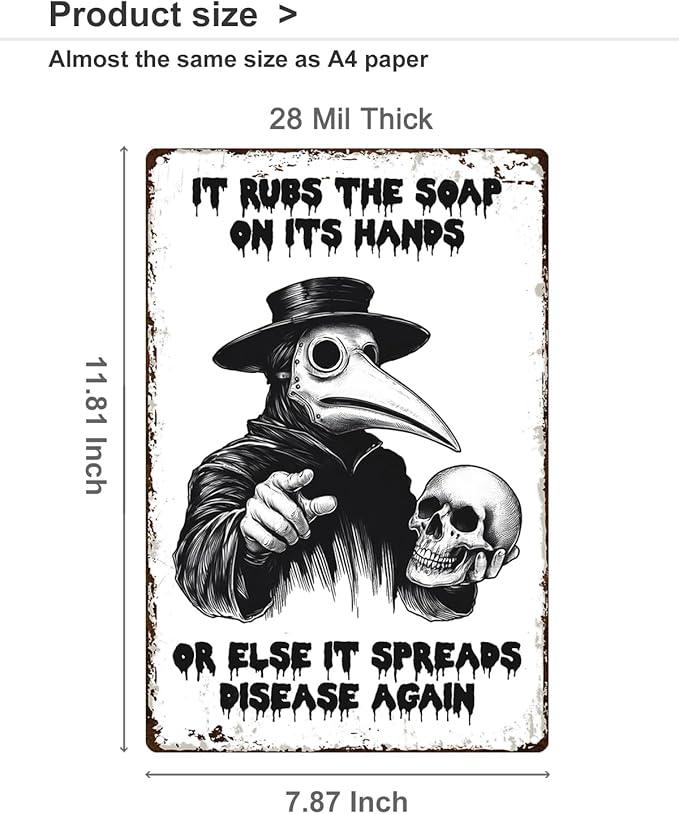 ALKB Halloween Bathroom Decor 8 x 12 Inch - Goth Plague Doctor Metal Tin Sign,Gothic Lovers Gifts,IT RUBS THE SOAP ON ITS HANDS