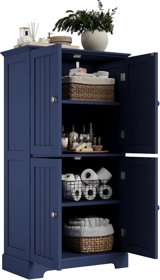 ChooChoo Bathroom Floor Cabinet, Modern Bathroom Storage Cabinet with 4 Doors and Adjustable Shelves, Freestanding Cupboard for Living Room, Navy Blue