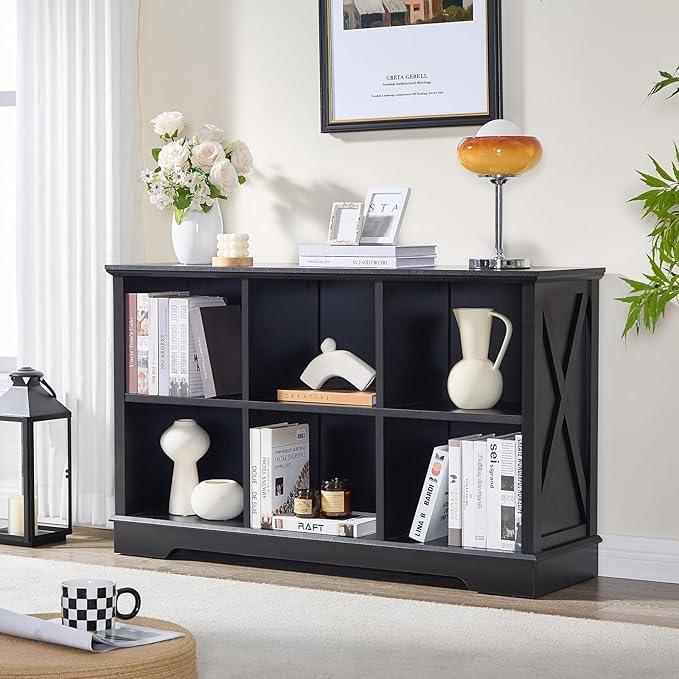Farmhouse 6 Cube Bookshelf, Black Storage Organizer Bookcase, Kids Toy Storage Cabinet, Long Bookshelves Storage Organizer Shelf, Wood Display Cabinet Book Shelves for Bedroom,Living Room,Office