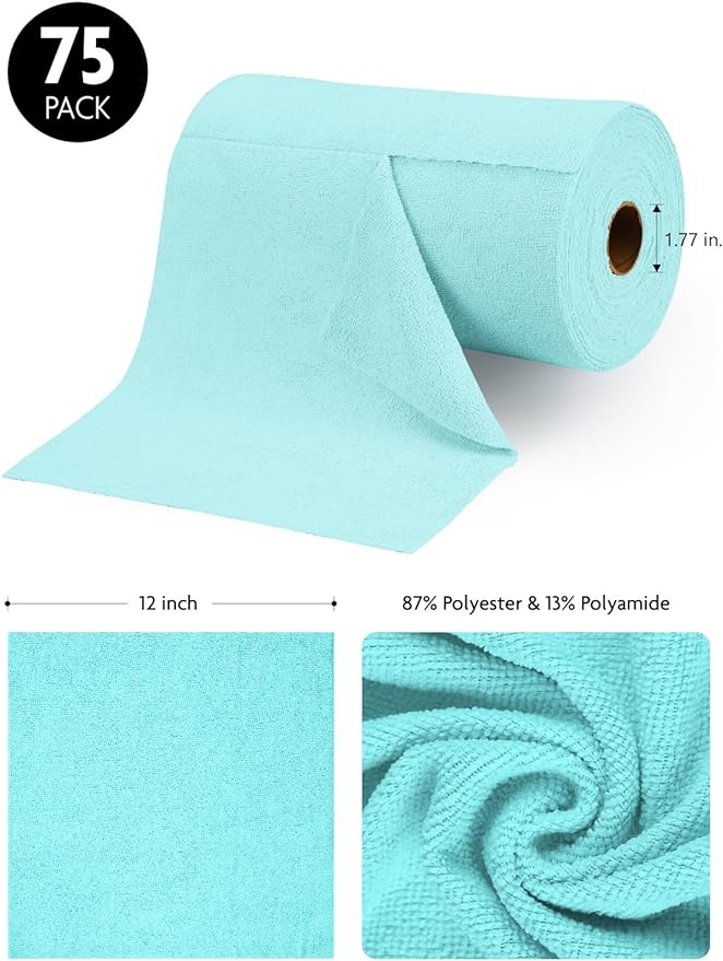 Fantasticlean Microfiber Cleaning Cloth Roll -75 Pack, Tear Away Microfiber Towels, 12