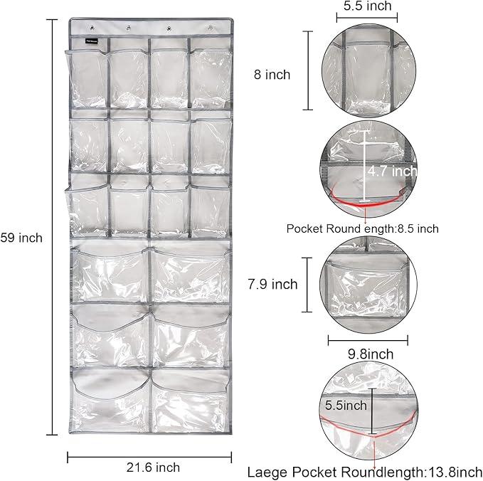 Extra Large Hanging Crystal Clear Over Door Shoe Organizer, Closet Shoe Rack with 12+6 Pockets, 8 Hooks, Grey (59