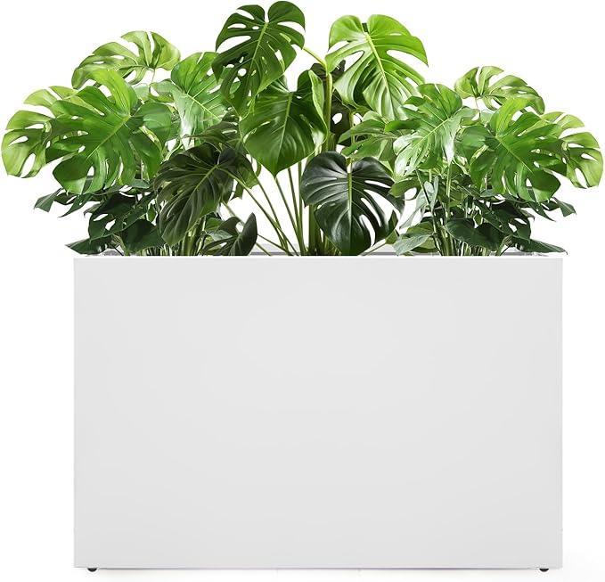 Galvanized Steel Planter Box-No Installation Required Metal Rectangular Block Long Box Planter Modern Outdoor Planters All-Weather Use with Drainage Holes for Patio/Porch, 36×24×12IN（White）