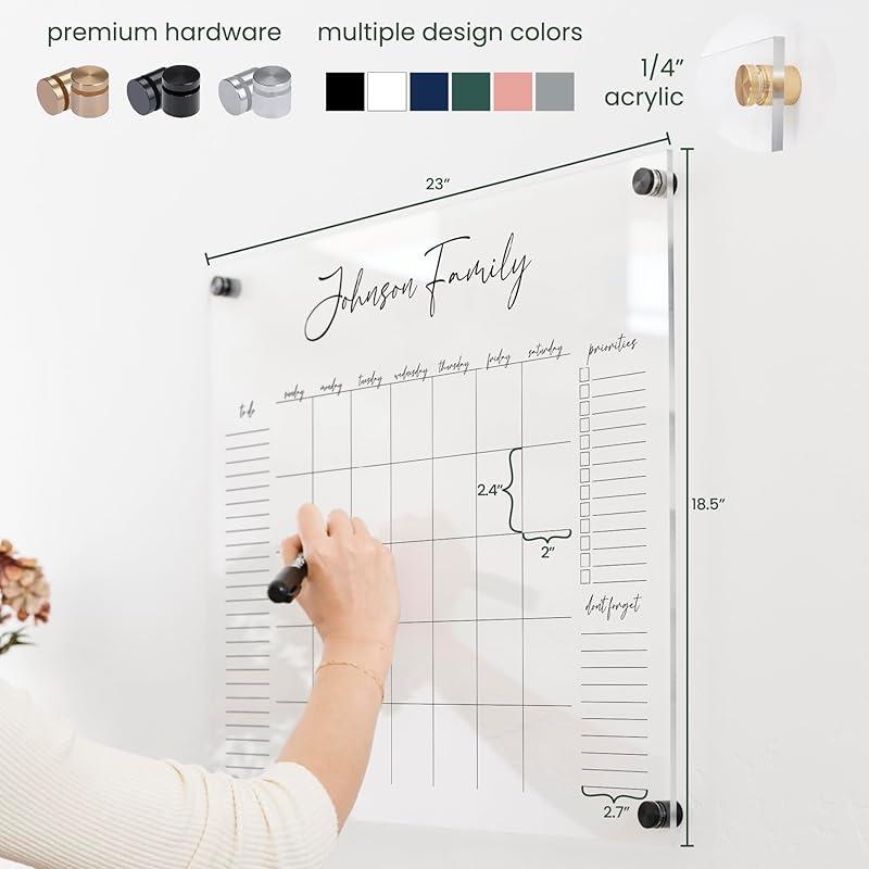 Personalized Clear Acrylic Calendar for Wall, Calendar Whiteboard for Wall, Dry Erase Wall Calendar, Wall Calendar Organizer System for Home (Cursive, Black, 23