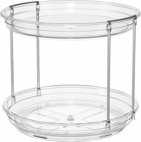 2 Pack 2 Tier Lazy Susan Organizer, 9.25'' Lazy Susan Turntable for Cabinet, Stackable Turntable Organizer Rotating Spice Rack Organization for Kitchen Countertop, Pantry, Bathroom, Clear