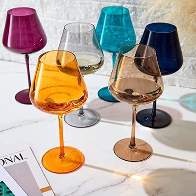 Jewel Colored Crystal Wine Glass Set of 6, Gift For Mothers, Her, Wife, Mom Friend - Large 20 oz Glasses, Unique Italian Style Tall Drinkware - Red & White, Dinner, Color Beautiful Glassware - (Jewel)