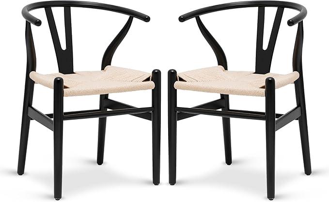 POLY & BARK Weave Dining Chairs – Mid-Century Modern Wishbone Dining Chairs with Arms, Solid Wood Frame, Indoor Use – Black – Set of 2 - Ideal for Dining Room, Kitchen or Stylish Accent Setting