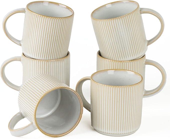famiware Coffee Mug Set for 6, Star 12 oz Catering Mugs Cup Set with Handle for Coffee, Tea, Cocoa, Milk - Ceramic Stoneware Drinkware Set, Cappuccino White