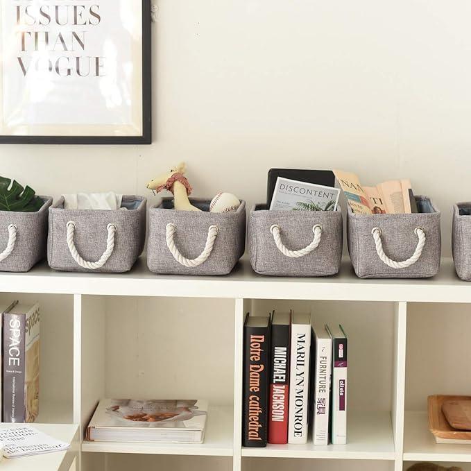 TheWarmHome Foldable Small Storage Baskets with Strong Cotton Rope Handles [6-Pack] Gray Collapsible Storage Bins Set Works Room Storage, Nursery Baskets
