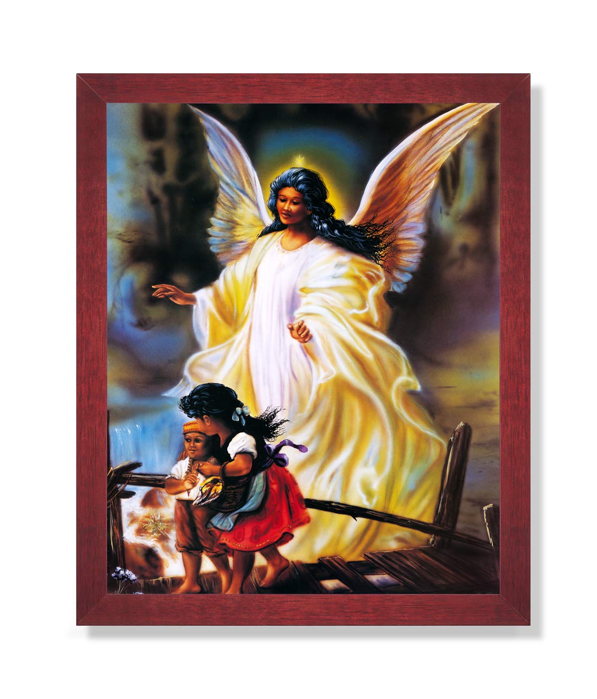 Guardian Angel Art Print - Vivid 16x20 Children’s Wall Decor with Cherry Wood Frame
