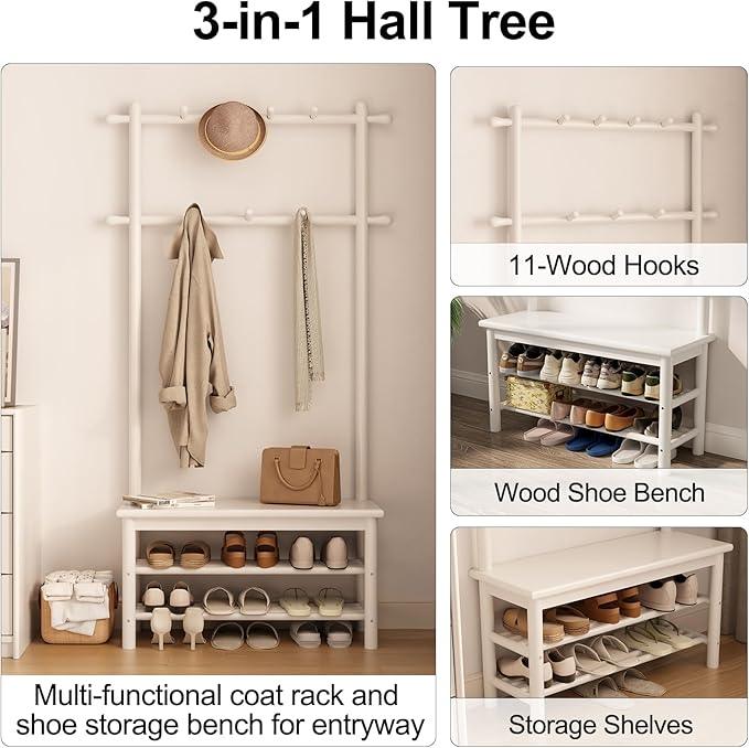 Coat Rack with Shoe Storage, Wooden Hall Tree with Bench, 11 Hooks and 2-Tier Storage Shelves, 3-in-1, Entryway Bench with Coat Rack (31.5